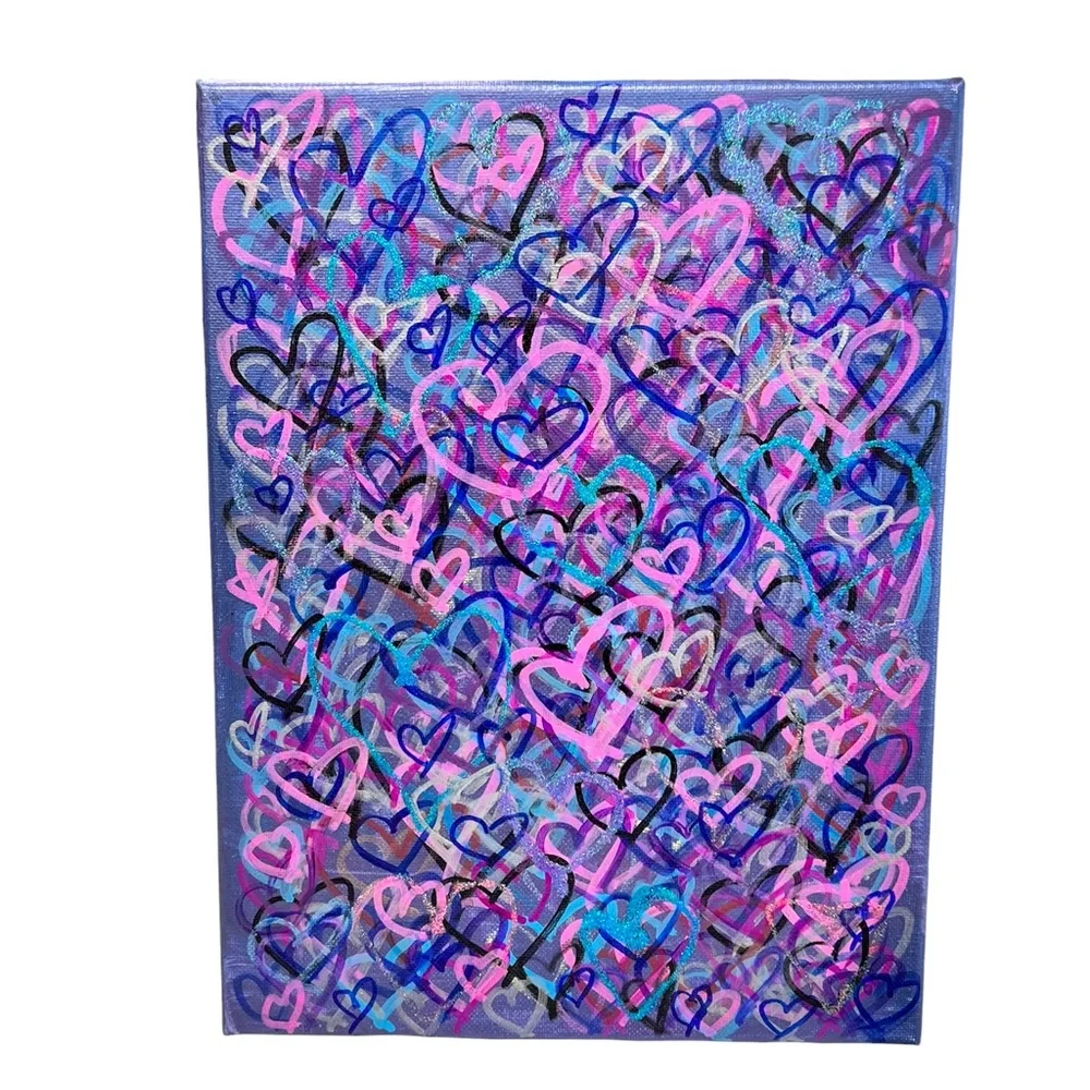 HANDCRAFTED MIXED MEDIA COLORFUL GRAFFITI HEARTS - SHADES OF PURPLE, BLUE & PINK